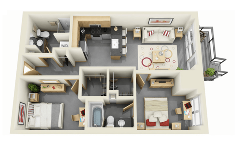 Floor plan for 2 beds, 2 baths, 883 sqft